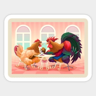 Hen and rooster in a cafè Sticker